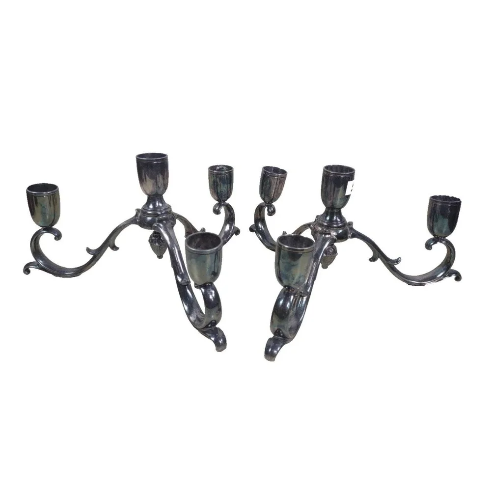 Vtg Pair Silver Plate Gothic Candelabras Candle Holders Patina Reed & Barton